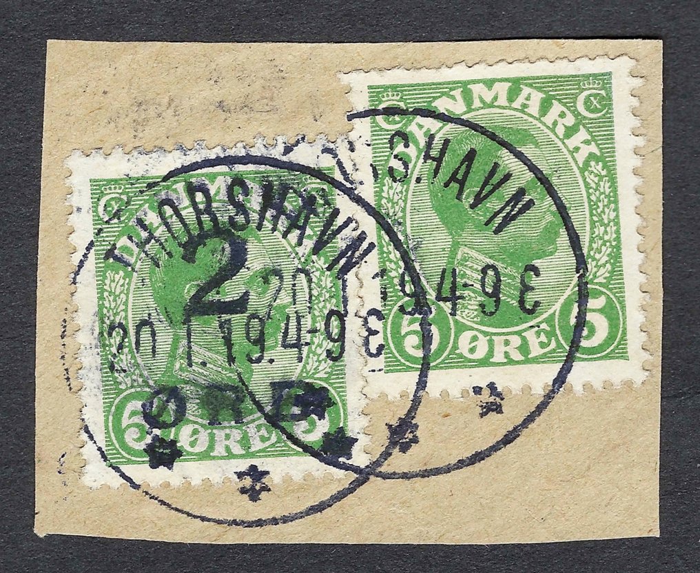 Insulele Faroe 1919 - Fragment provizoriu suprapus 2° și 5° Thorshavn - Certificat Nielsen - N. 121 #1.0