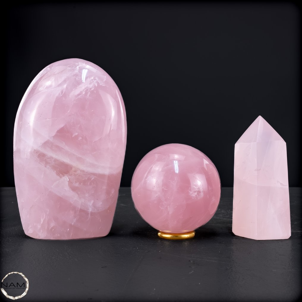 Set di quarzo rosa tenero – combinazione armoniosa di torre, forma libera e sfera Brasile pieno di magia ed energia.- 1148.22 g - (3) #1.0