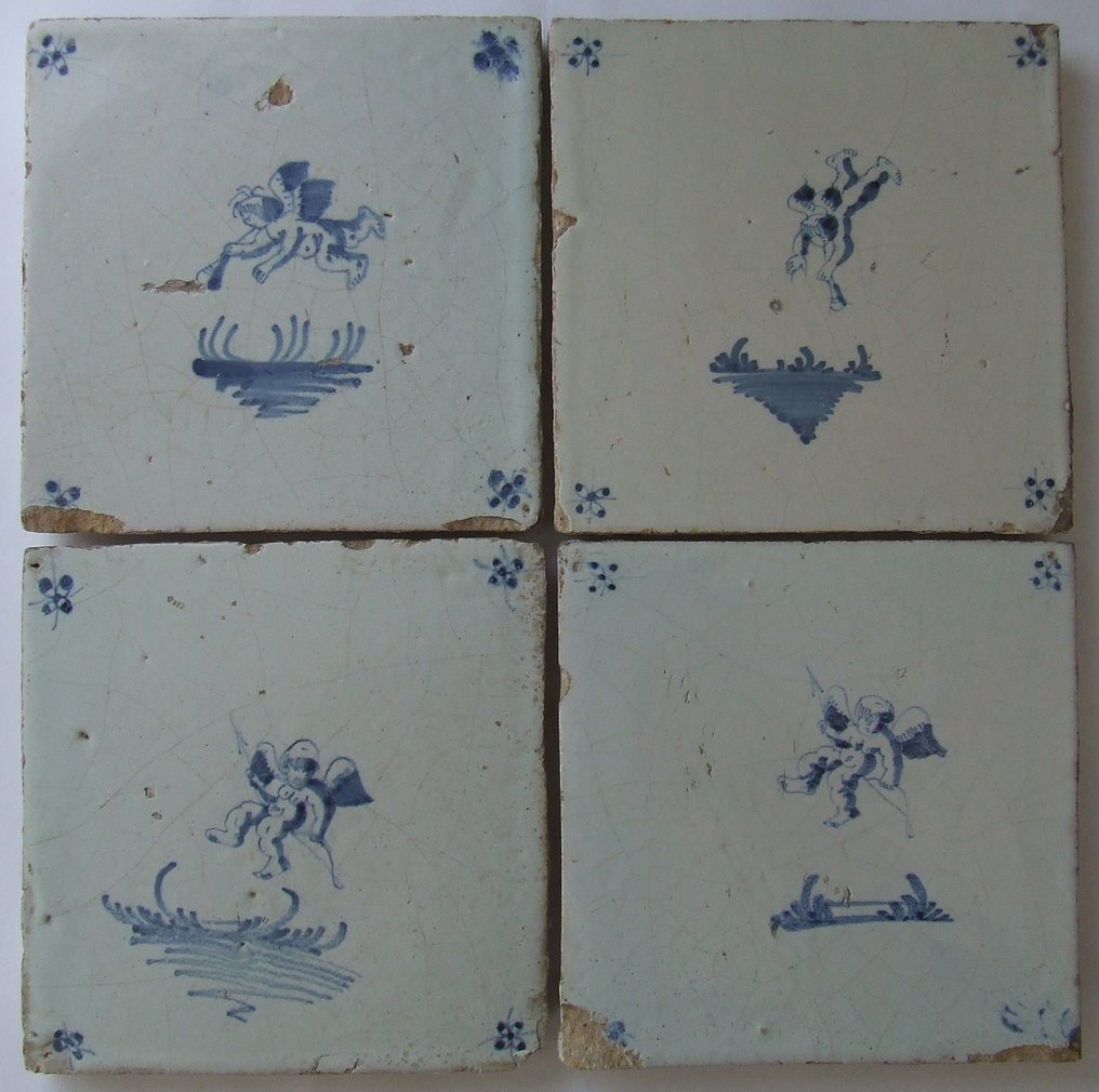 Tile (4) - 4 Cupids in the air - rare. - 1650-1700 #1.0