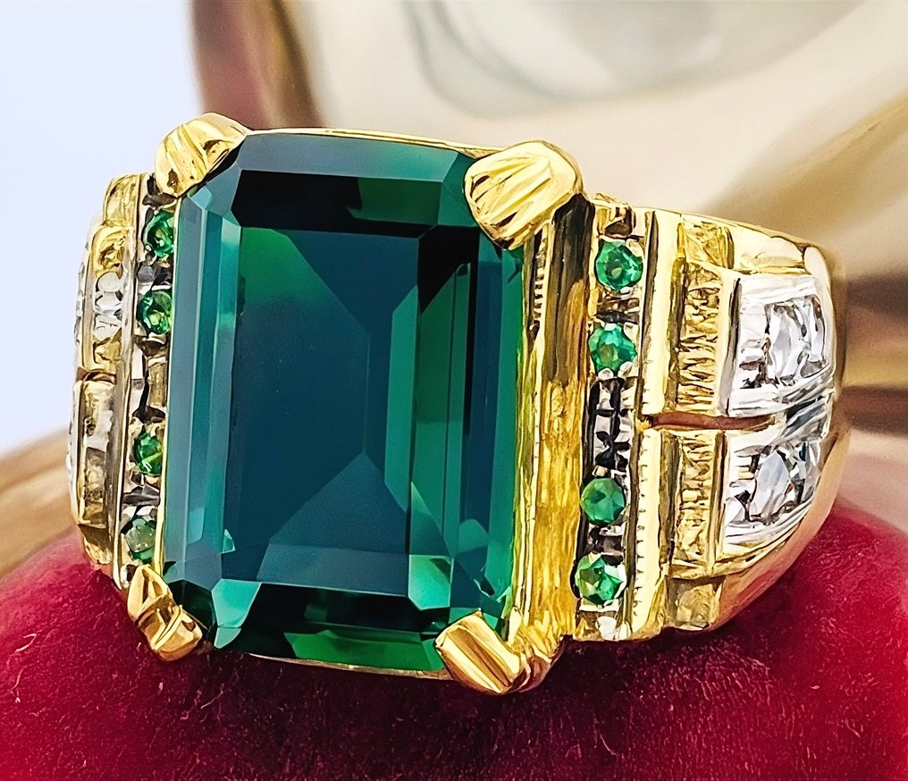 χωρίς τιμή ασφαλείας - Δαχτυλίδι - 9 kt. Κίτρινο χρυσό, Ασημί Σμαράγδι - Διαμάντι #2.1