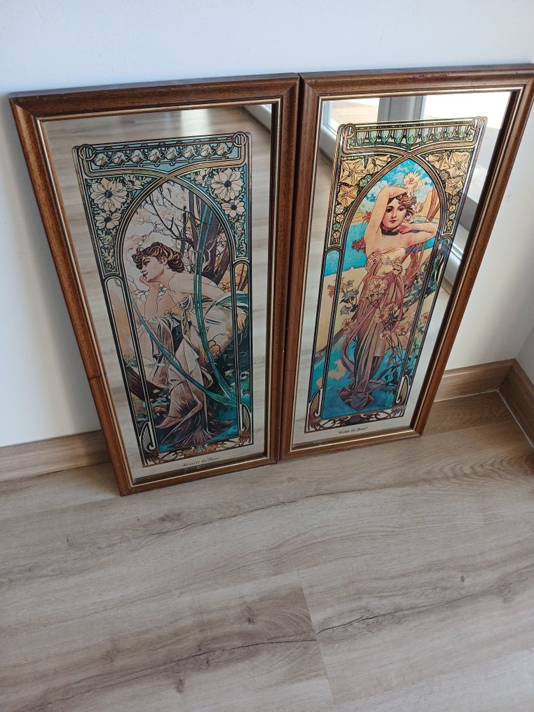 No reserve price! - Spegel (2)  - Glas, Trä - Efter Alphonse Mucha #1.0