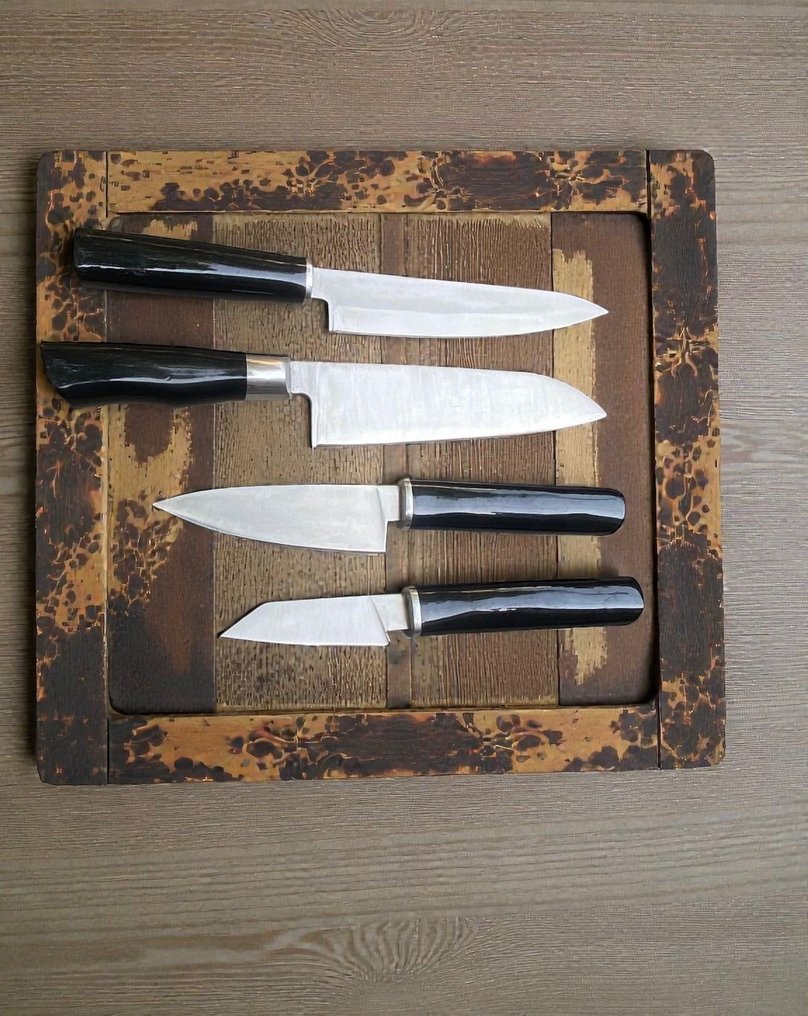 Set of FOUR, Hand-Forged with Old & dual polish Steel, Japanese Style Knives from Elite - Coltello da cucina - Chef's knife - Acciaio, Legno, Set squisito di 4 coltelli vintage in acciaio giapponese vecchio forgiato a mano. - Giappone #4.3