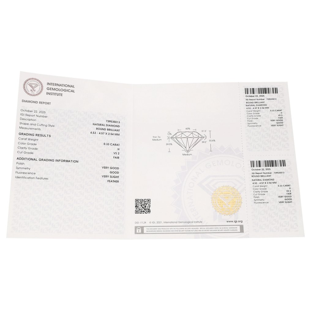 没有保留价 - 1 pcs 钻石  (天然)  - 0.33 ct - 圆形 - H - VS2 轻微内含二级 - 国际宝石研究院（IGI） #3.2