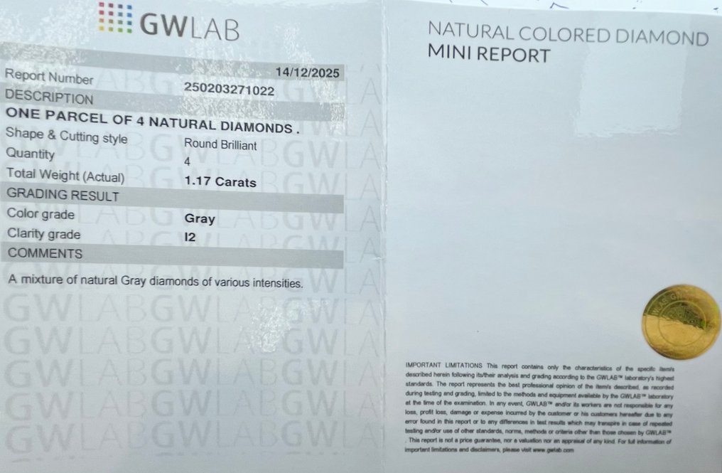 Zonder minimumprijs - 4 pcs Diamant  (Natuurlijk gekleurd)  - 1.17 ct - Rond Grijs - P2 - Gemewizard Gemological Laboratory (GWLab) #2.1