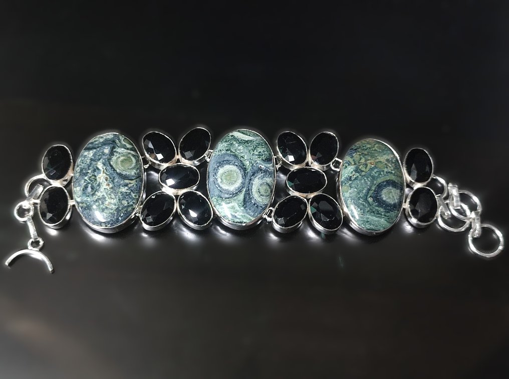 无底价 美丽的 kambaba Jasper 和黑玛瑙手工925银手链 - 手镯 #2.1