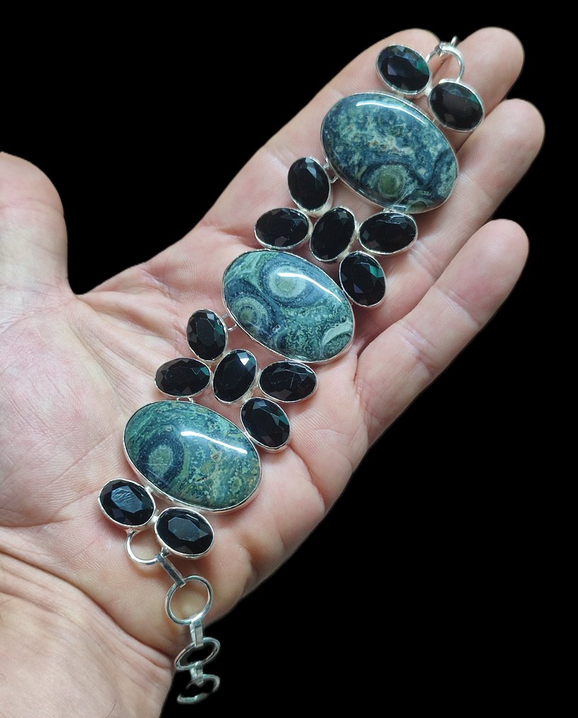 无底价 美丽的 kambaba Jasper 和黑玛瑙手工925银手链 - 手镯 #1.0