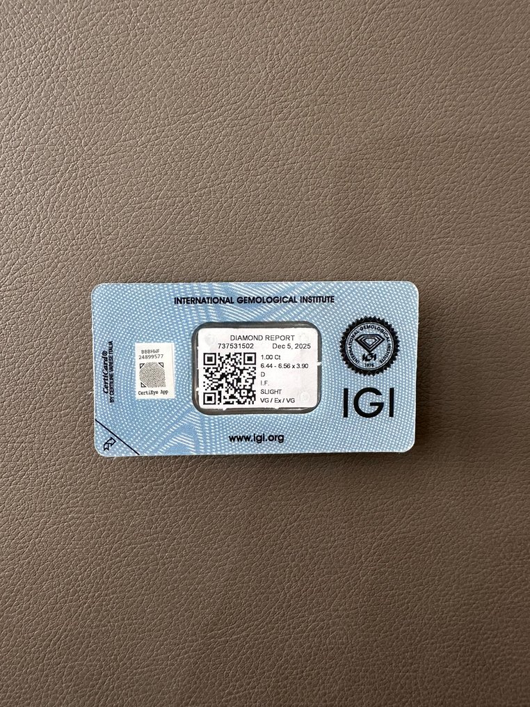 1 pcs 钻石  (天然)  - 1.00 ct - 圆形 - D (无色) - IF - 国际宝石研究院（IGI） - 免运费 #1.0