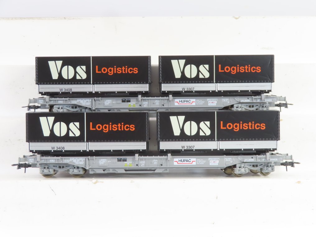 Roco H0 - 66617 - Modelltog godsvogn (2) - 4-akslede containerbærere med last og påtrykk «VOS» - SBB #1.0