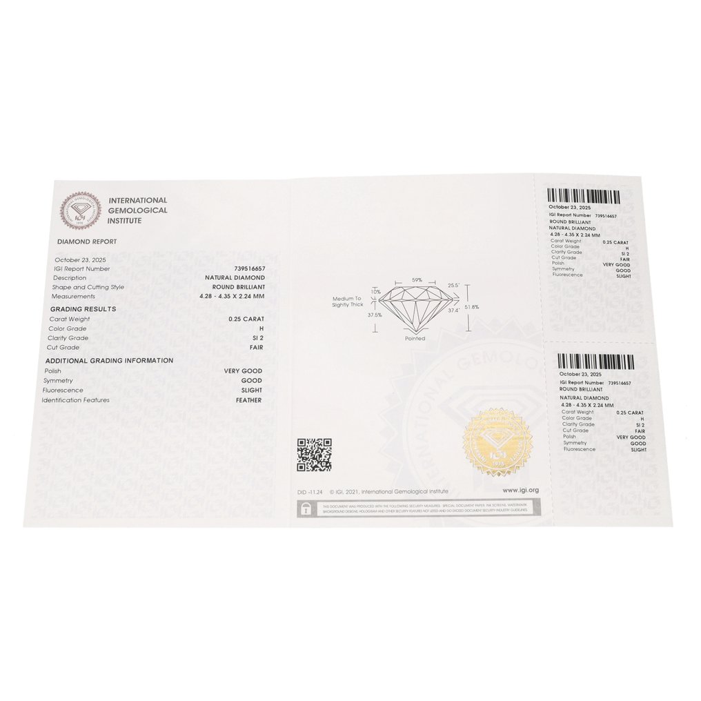 没有保留价 - 1 pcs 钻石  (天然)  - 0.25 ct - 圆形 - H - SI2 微内含二级 - 国际宝石研究院（IGI） #3.2