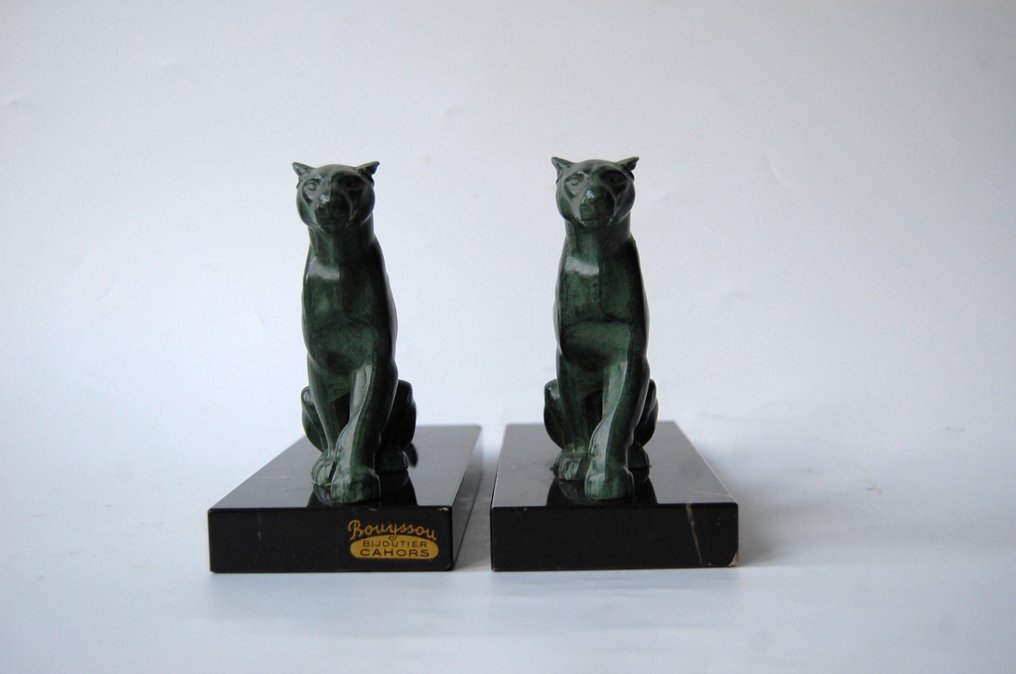 Tedd - Veistos, Twee panters - 13 cm - Metalli ja marmori - 1930 #4.3