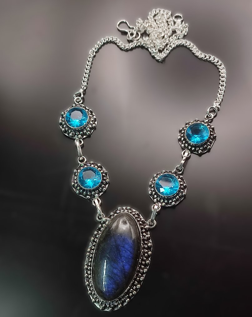 Fără preț de rezervă, frumoare, calitate întâi, colier din argint 925, manual, cu labradorit și - Colier de gât #1.0