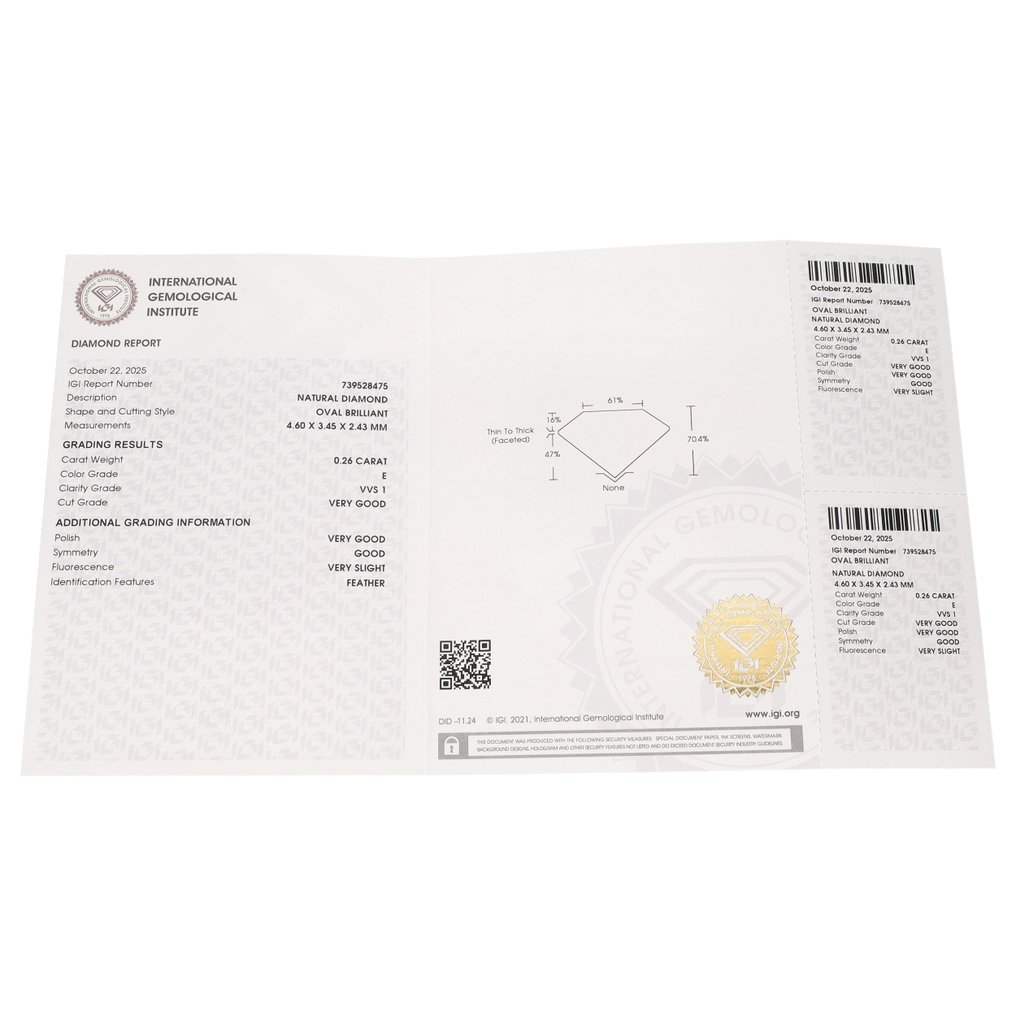 Zonder minimumprijs - 1 pcs Diamant (Natuurlijk) - 0.26 ct - Ovaal - E - VVS1 - International Gemological Institute (IGI) #3.2