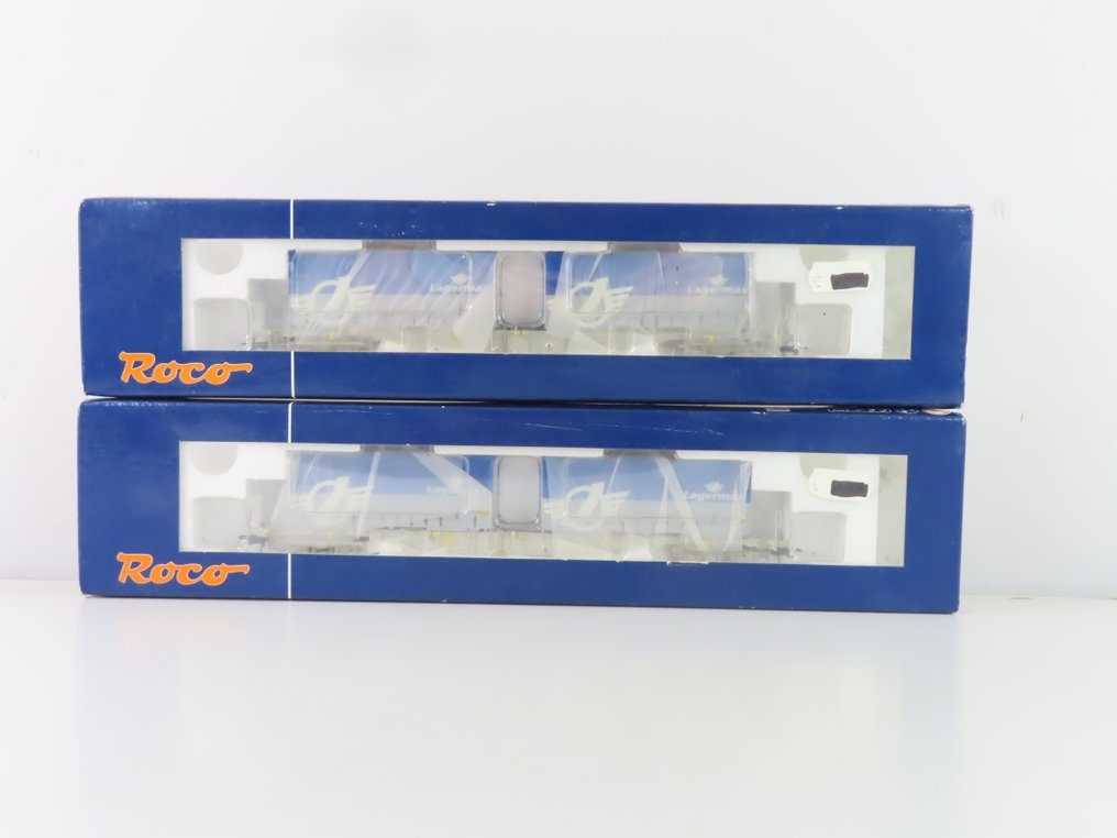 Roco H0 - 66622 - 模型貨運火車 (2) - 2台四轮集装箱运输车，带货物和印有“Lagermax”的标识 - Privaat, AAE #3.2