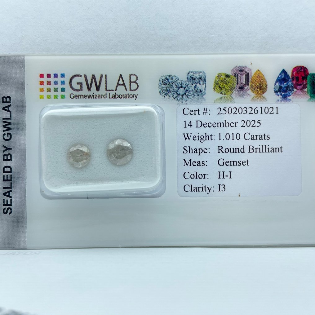 Zonder minimumprijs - 2 pcs Diamant  (Natuurlijk)  - 1.01 ct - Rond - H, I - I3 - Gemewizard Gemological Laboratory (GWLab) #3.2