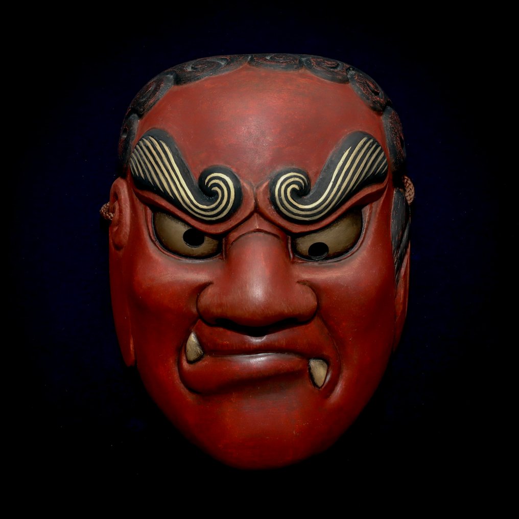 Signed Japan Wooden Noh Mask of Red Kiba-Fudo 能面 赤·牙不動 (with bag & box) - Γλυπτό Ξύλο - Ιαπωνία #1.0