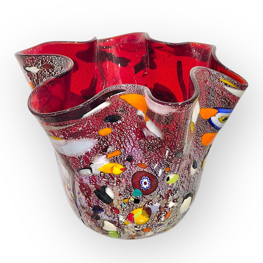 Filippo Maso - Vase - Red handkerchief with silver leaf and murrine. - Murano glass #2.1