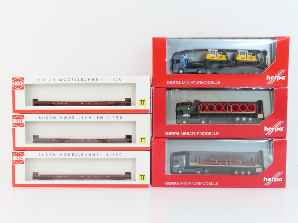Busch, Herpa TT - 31204/31205 - Modeltog godsvogn (3) - 3x 4-aksede 'Rollende Landstrasse'-vogne med Scania lastbiler, trailere og last. - DB #1.0