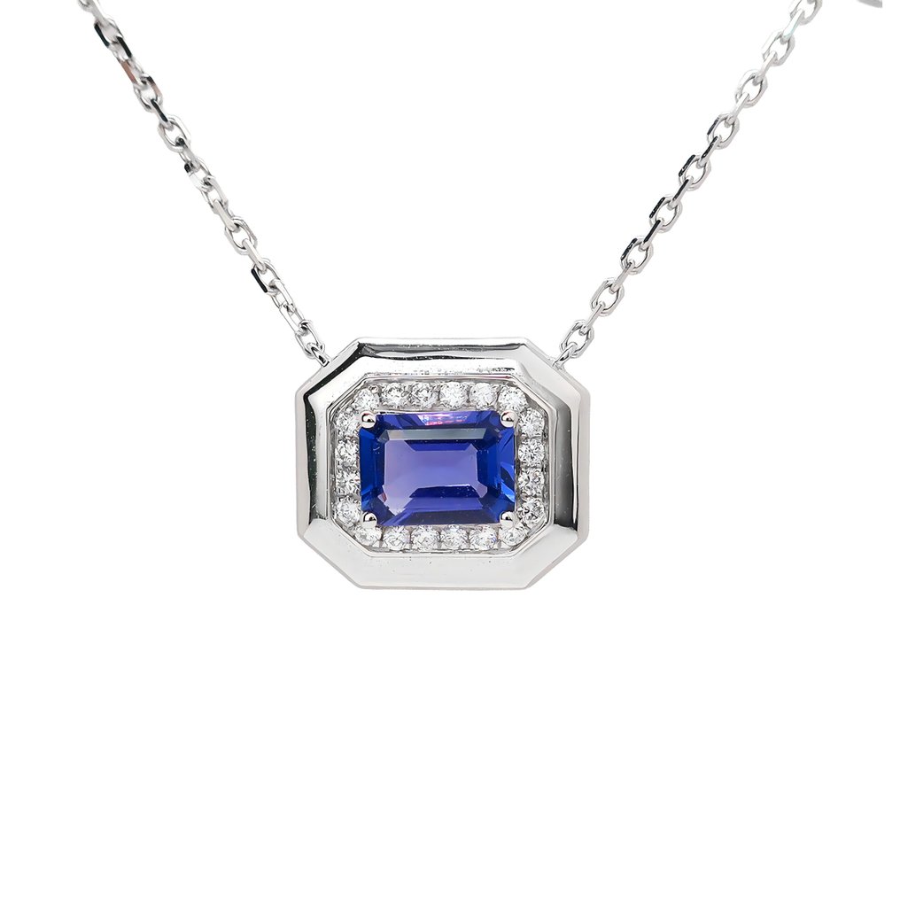 頸鏈 - 18 克拉 白金 坦桑石 - 鉆石 #1.0