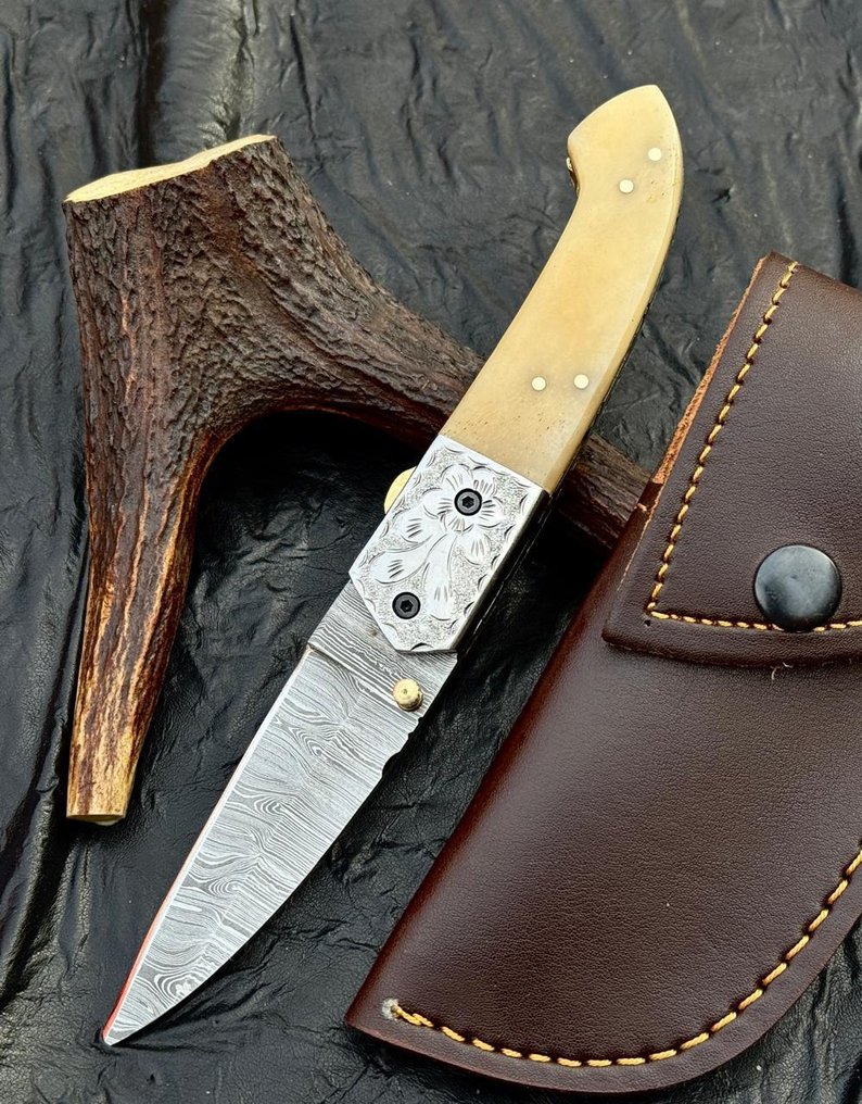 厨刀 - 厨房刀具 - 高级大马士革折叠口袋刀 - 天然骨柄 - 亚洲 #1.0