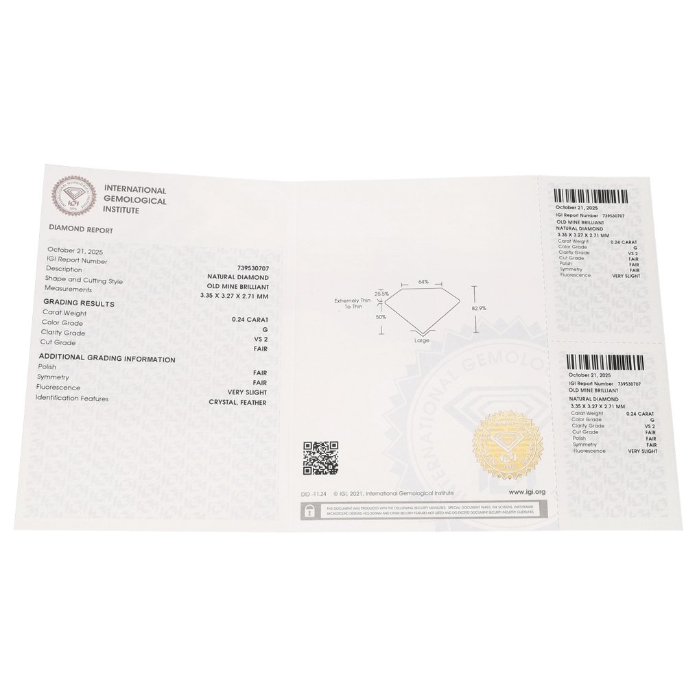 没有保留价 - 1 pcs 钻石  (天然)  - 0.24 ct - G - VS2 轻微内含二级 - 国际宝石研究院（IGI） - Old Mine Brilliant #3.2