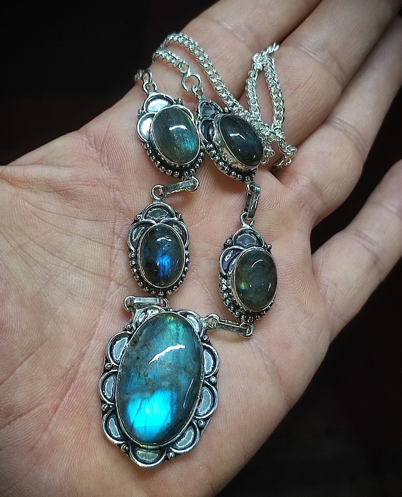 无底价 美丽的拉布拉多石手工925银项链 免运费 - 衣领项链 #2.1