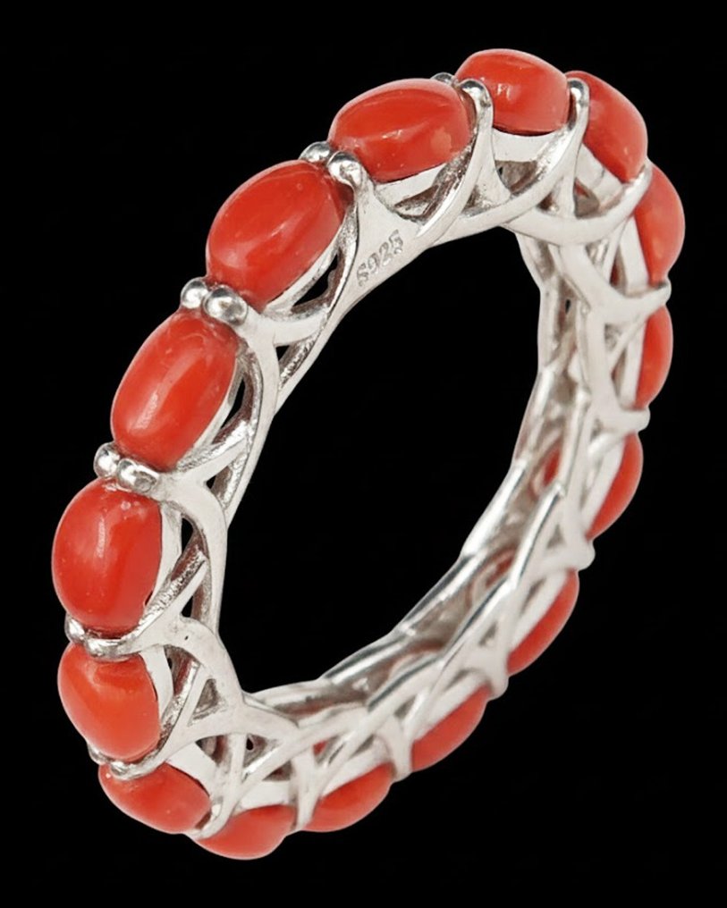 珊瑚 - 银, 红珊瑚永恒戒指“生命之环”：生命力与保护 - 925纯银 - 永恒戒指 #1.0
