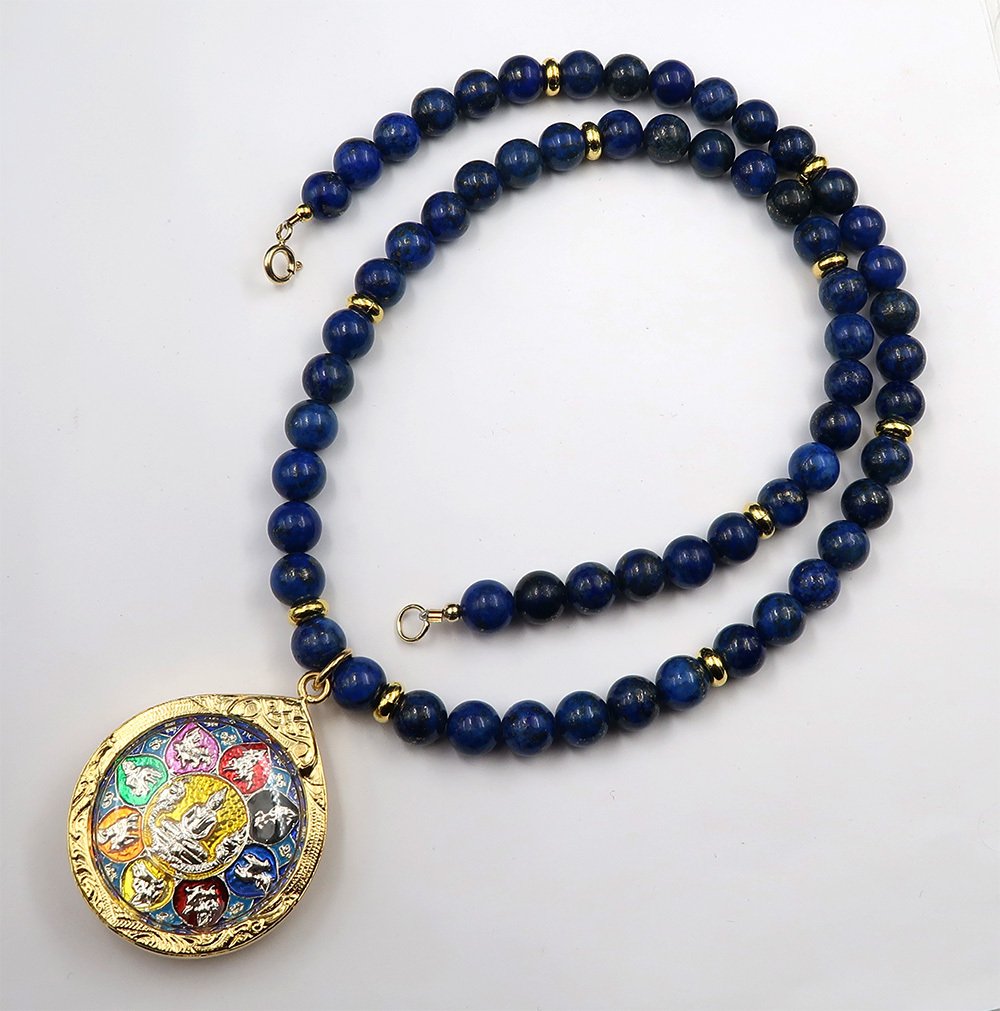 Lapis lazuli - Mandala du Bouddha: Kosmisk kompas og beskyttelse af de 8 retninger - Guldlås 14k GF - Halskæde #3.2