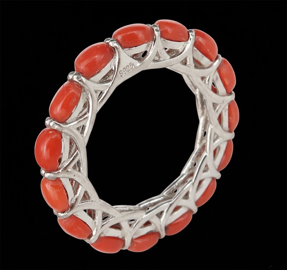 珊瑚 - 银, 红珊瑚永恒戒指“生命之环”：生命力与保护 - 925纯银 - 永恒戒指 #1.0
