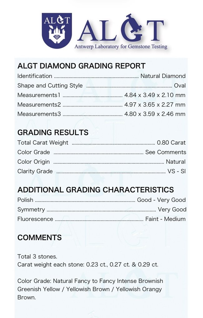 3 pcs Διαμάντι (Φυσικού χρώματος) - 0.80 ct - Οβάλ Ανάμεικτα χρώματα - VS1, SI1 - Antwerp Laboratory for Gemstone Testing (ALGT) #1.0
