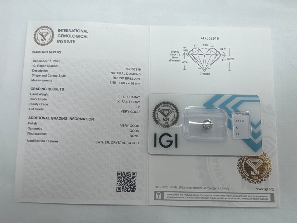没有保留价 - 1 pcs 钻石 (天然) - 1.11 ct - 圆形 - K - I2 内含二级 - 国际宝石研究院(IGI) #1.0