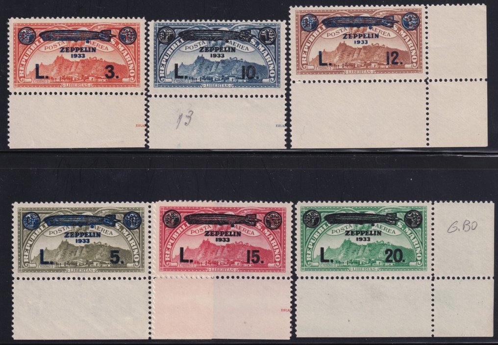 San Marino 1933 - Complete series of Zeppelin cruise postcards Sass S.501, all in ADF condition, unmounted mint (MNH), #1.0