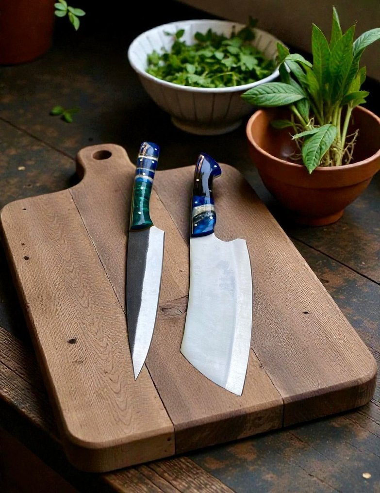 Set of TWO, Hand-Forged with Old Steel, Japanese Style Knives from Elite - 厨刀 - Chef's knife - 钢, 木, 精美的两件套，手工锻造的日本古老钢材，复古刀具 - 日本 #3.2