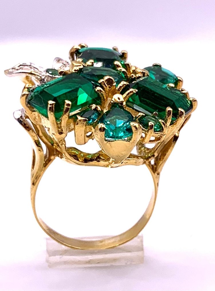 Ingen reservasjonspris - Cocktailring - 9 karat Gull, Sølv Smaragd - Smaragd - Smaragder - Diamanter #2.1