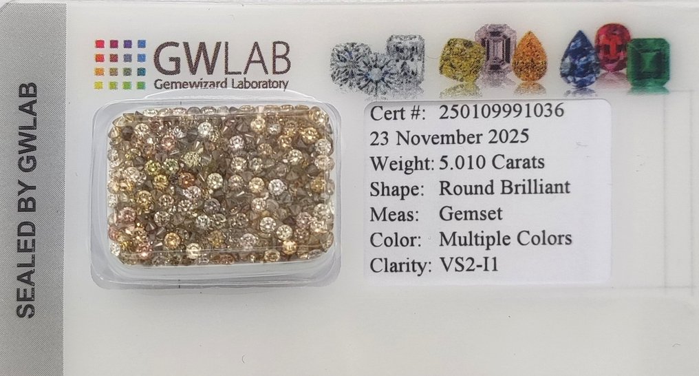 沒有保留價 - 266 pcs 鑽石 (天然彩色) - 5.01 ct - 圓形 混色 - I1, VS2 - Gemewizard Gemological Laboratory (GWLab) #1.0