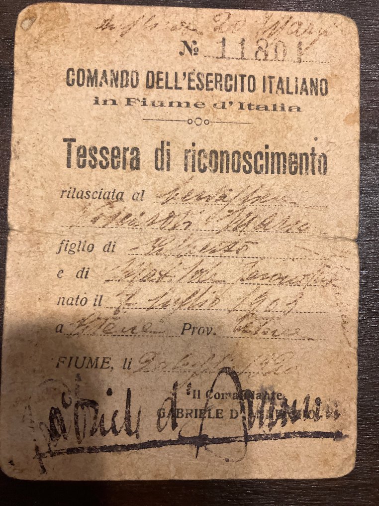Ιταλία - Army/Infantry - Έγγραφο - D'annunzio - Impresa di Fiume (1919–1920)  Quattro documenti originali – Tessere di riconoscimento e - 1920 #1.0