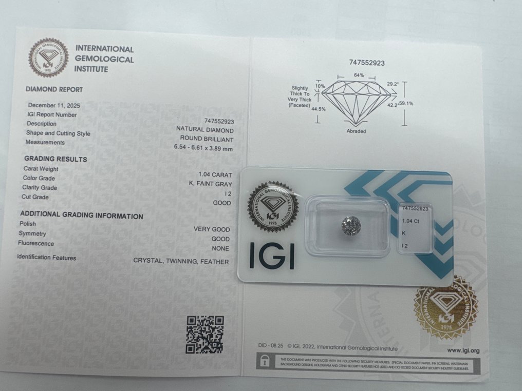 Zonder minimumprijs - 1 pcs Diamant  (Natuurlijk)  - 1.04 ct - Rond - K - P2 - International Gemological Institute (IGI) #2.1