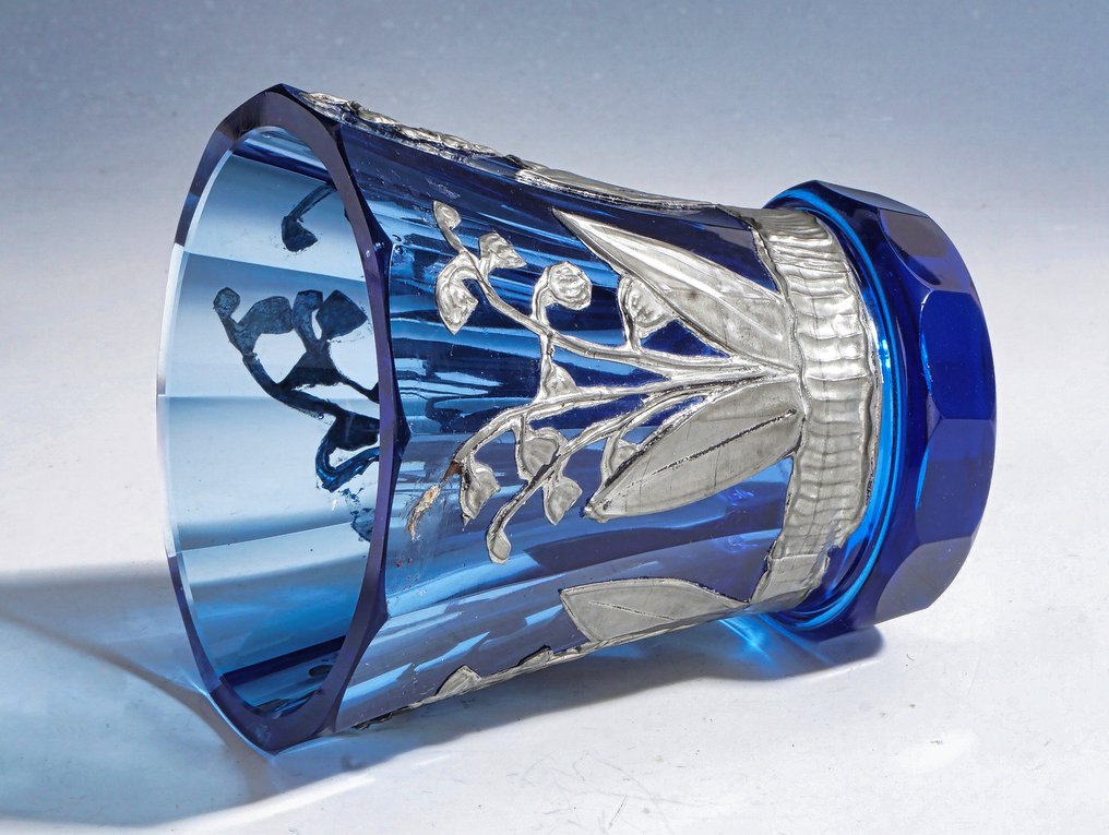 Vase -  A cobalt blue Austrian-Bohemian Jugendstil vase with tin frame • lily of the valley decor •  - Glass, Tin #2.1