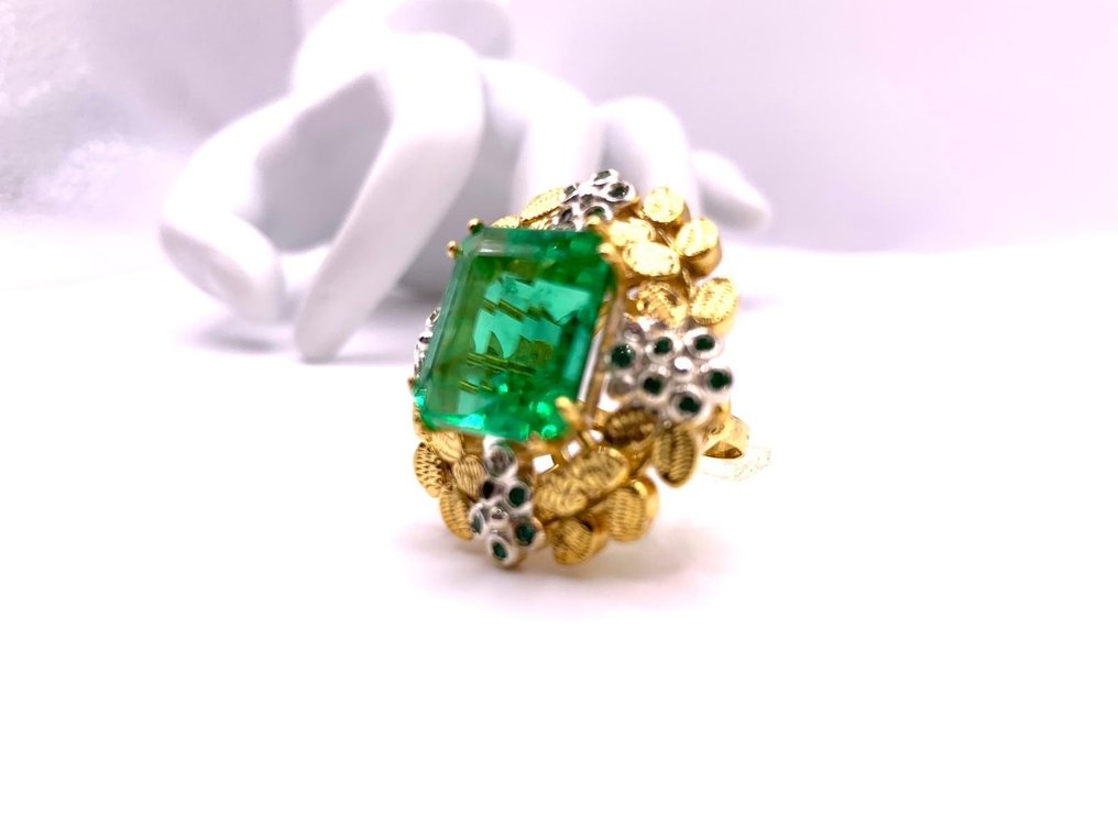 没有保留价 - 鸡尾酒戒指 - 9 kt. 黄金, 银 祖母绿 - 祖母绿 - Diamanti #2.1