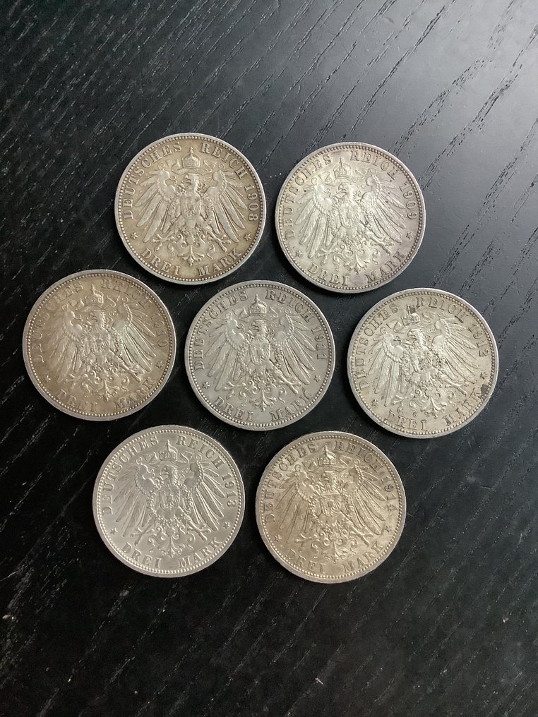 Germany, Empire Wilhelm II. 3 Mark 7x 1908/1914, incl. 25th Anniversary of the Reign/Prussia  (χωρίς τιμή ασφαλείας) #4.3