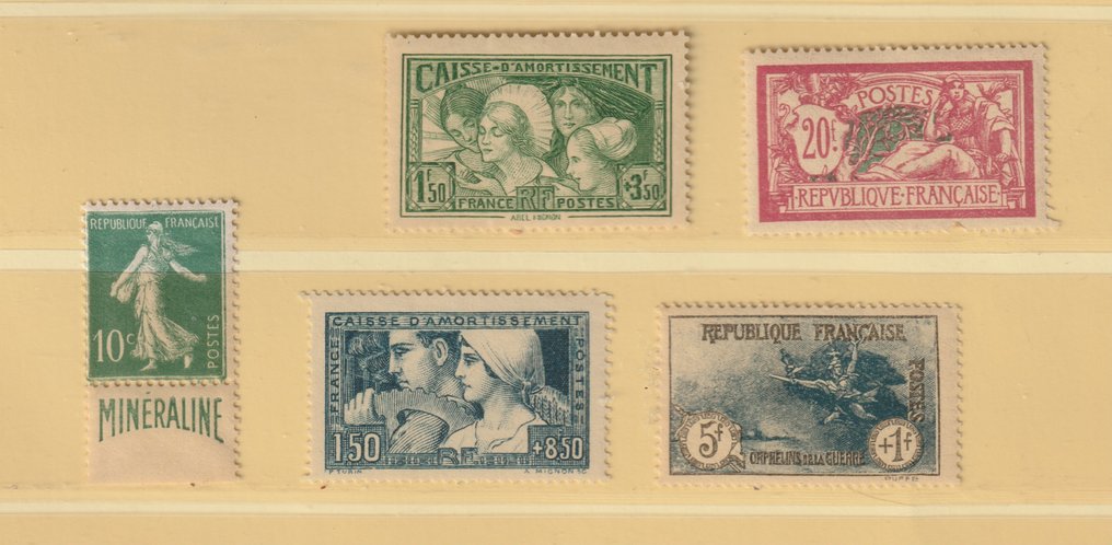 法国 1924/1929 - 五枚珍稀邮票：yvert 编号 188A、208、232、252 和 269，轻微的铰链痕迹 - yvert n# 188A- 208- 232- 252- et 269 #1.0