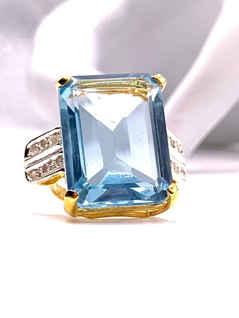 χωρίς τιμή ασφαλείας - Statement δαχτυλίδι - 9 kt. Κίτρινο χρυσό, Ασημί Ακουαμαρίνης - Διαμάντι #1.0