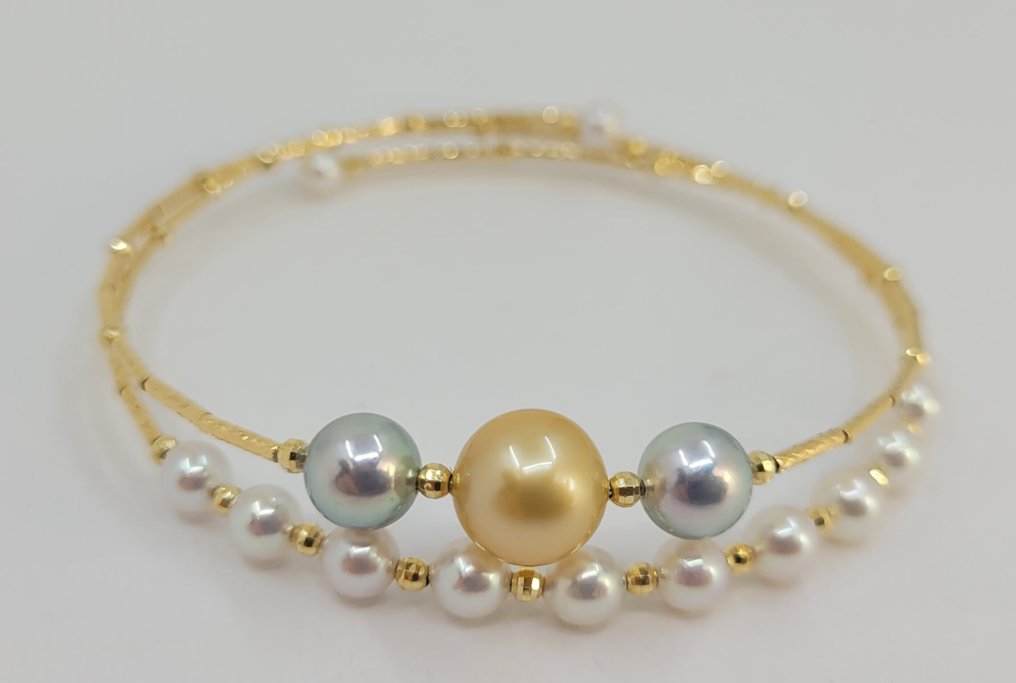 手镯 - 18K包金 黄金 - 4x8.5毫米 Akoya 珍珠 #3.2