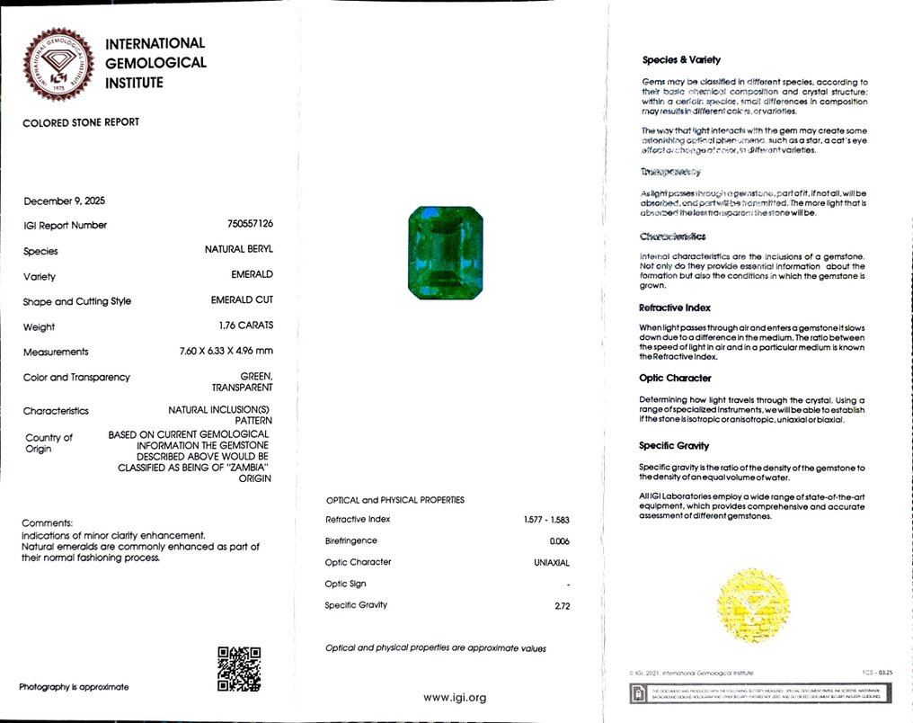 没有保留价 祖母绿  - 1.76 ct - 国际宝石研究院（IGI） #2.1