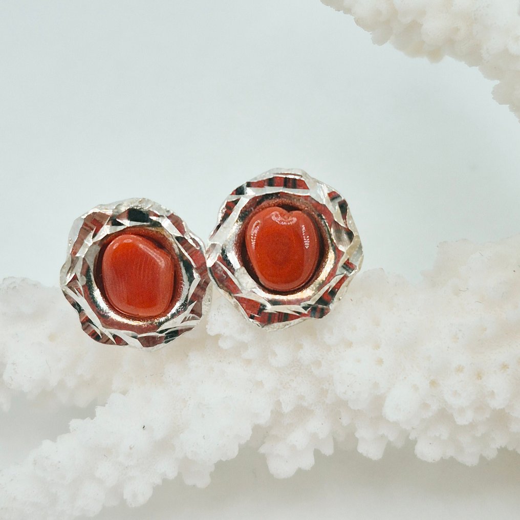 Κοράλλι αίματος - Ασημί - Σκουλαρίκια - CORALLO MEDITERRANEO #1.0