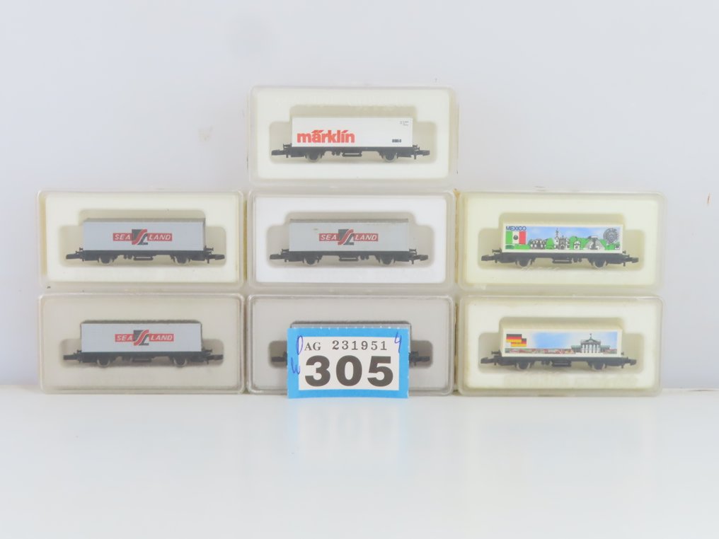 Märklin Z - 2521A/2558A/8616/8618 - Godsvagn-set för modelltåg (7) - 7x 2-axlad containerdraagwagen med containrarna 'Mexico', 'Sealand' och 'Märklin'. - DB #4.3