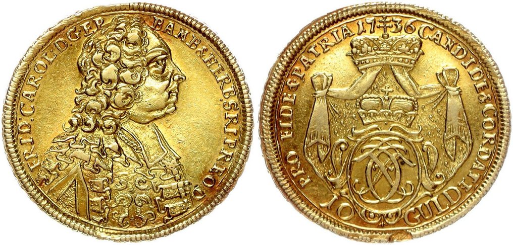 Alemania, Würzburg, diócesis. Friedrich Karl von Schönborn 1729-1746. 10 Gulden (Karolin) 1736 Variante mit "GULD". Einziges Exemplar im Handel #1.0