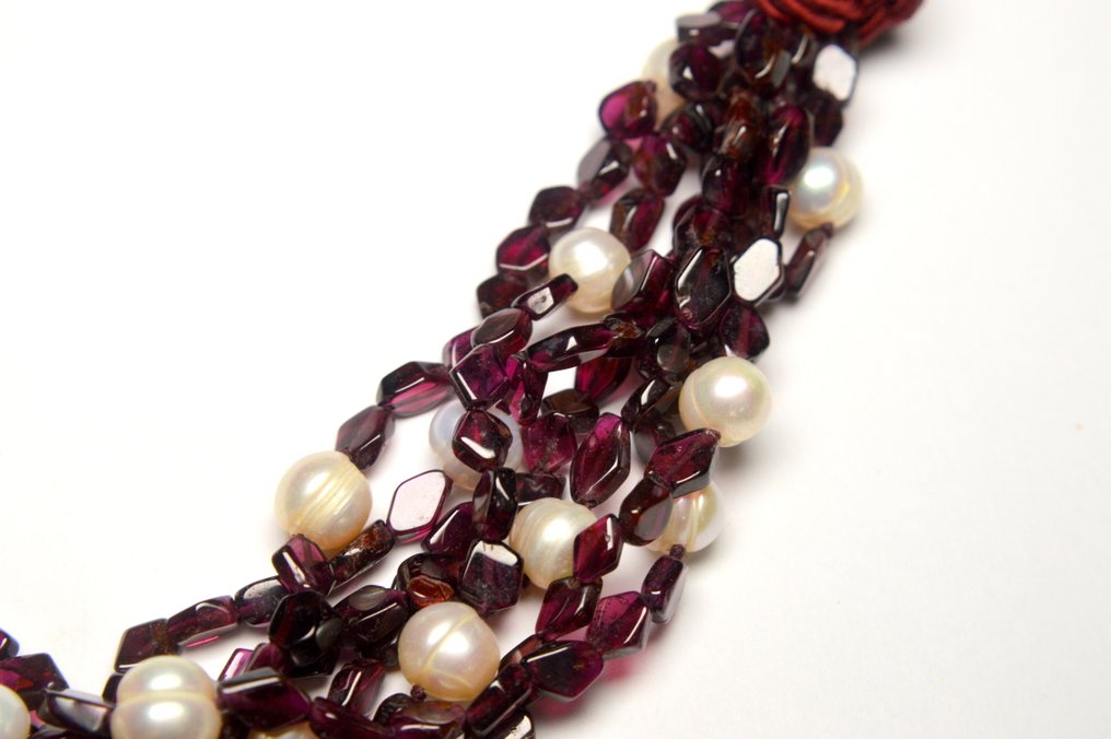 石榴石 - 925银 - 86克 - 红色波希米亚石榴石和白色淡水珍珠 - 项链 #2.1