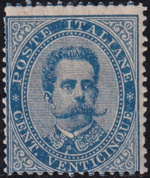 Regatul Italiei 1879 - Em. 1 Umberto 25 c. albastru deschis Sass 40 intact NNH** Cert.Ray rară #1.0