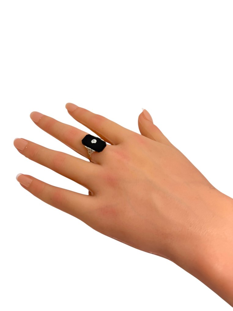 Sem preço de reserva - Anel - 14 K Ouro amarelo Diamante (Natural)  - Ónix. - Art déco, c. 1920-1925 #3.2