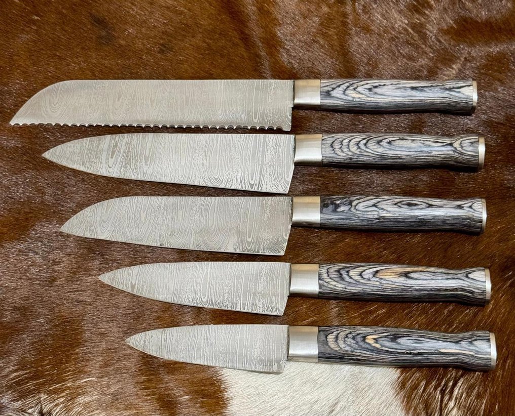 厨刀 - 厨房刀具套装(0017) - 美国异国木柄与1095/15N20折叠钢 - 英国 - 厨房刀具套装 #1.0